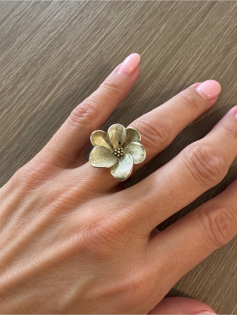 Fossil Flower Statement Ring Silver Tone Textured Floral Size 7